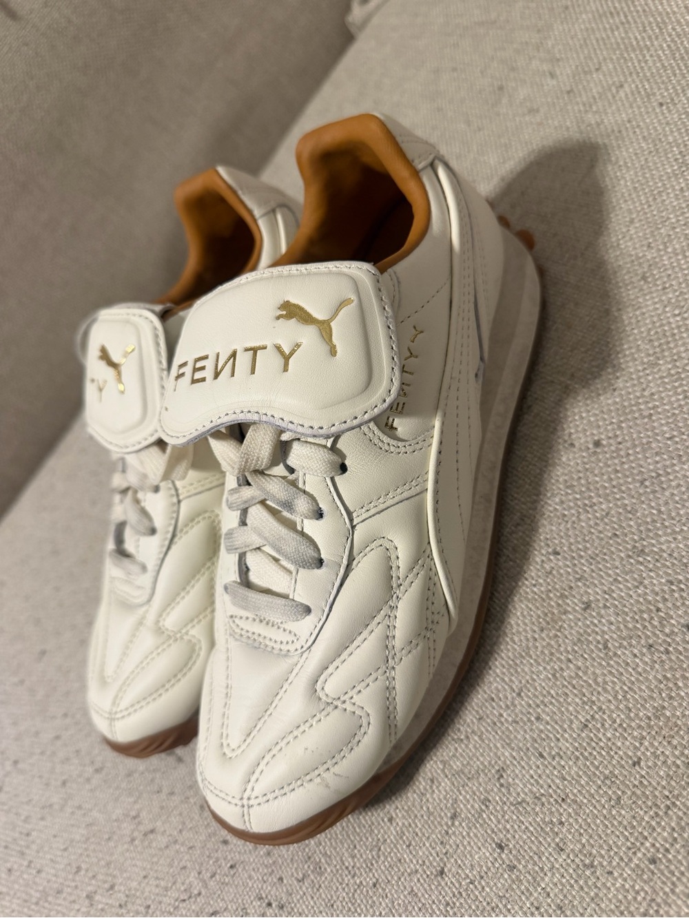 Fenty Beauty White Leather Sneakers with Tan Lining and Gold Logo